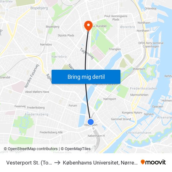 Vesterport St. (Togbus) to Københavns Universitet, Nørre Campus map