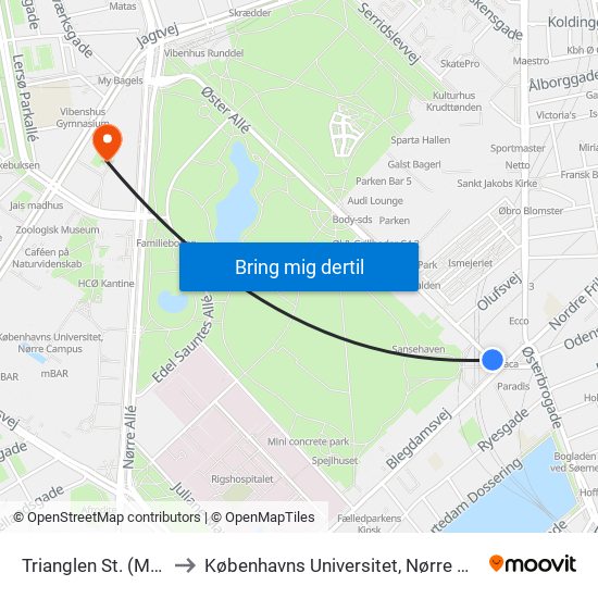 Trianglen St. (Metro) to Københavns Universitet, Nørre Campus map