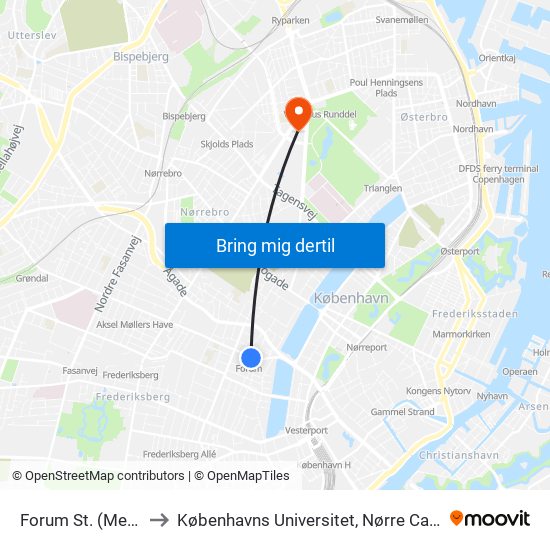 Forum St. (Metro) to Københavns Universitet, Nørre Campus map