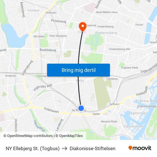 NY Ellebjerg St. (Togbus) to Diakonisse-Stiftelsen map
