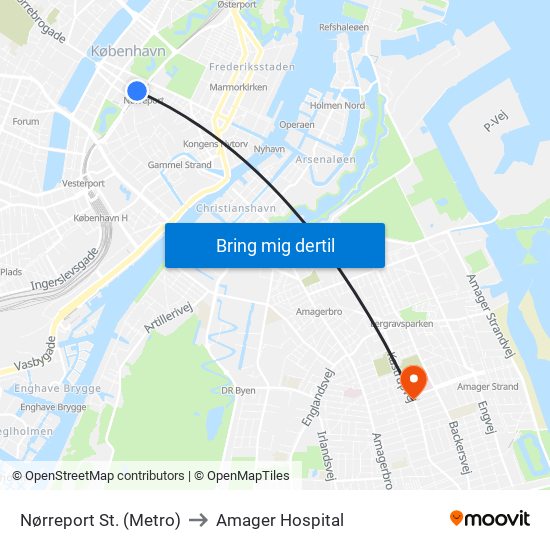 Nørreport St. (Metro) to Amager Hospital map