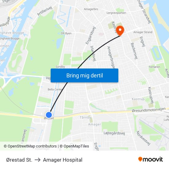 Ørestad St. to Amager Hospital map