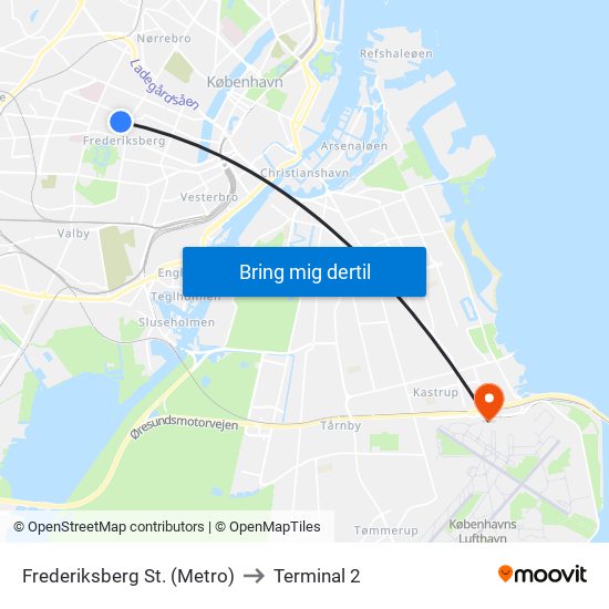 Frederiksberg St. (Metro) to Terminal 2 map