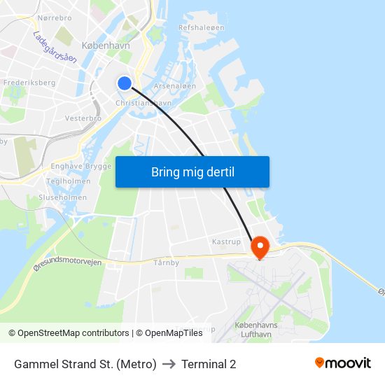 Gammel Strand St. (Metro) to Terminal 2 map