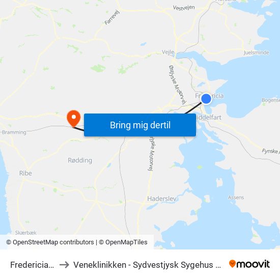 Fredericia St. to Veneklinikken - Sydvestjysk Sygehus Brørup map