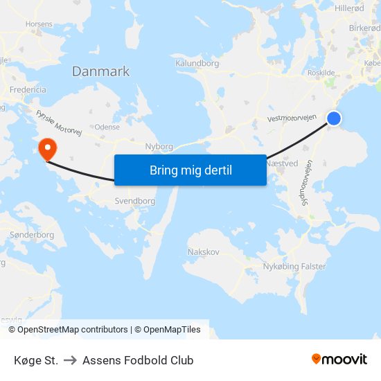 Køge St. to Assens Fodbold Club map