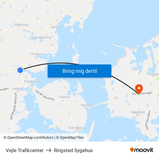 Vejle Trafikcenter to Ringsted Sygehus map