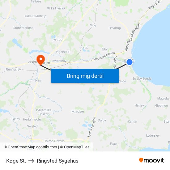 Køge St. to Ringsted Sygehus map