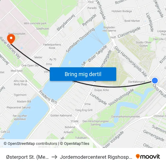 Østerport St. (Metro) to Jordemodercenteret Rigshospitalet map