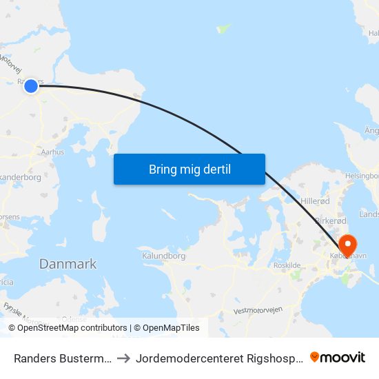 Randers Busterminal to Jordemodercenteret Rigshospitalet map