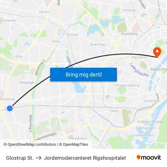 Glostrup St. to Jordemodercenteret Rigshospitalet map