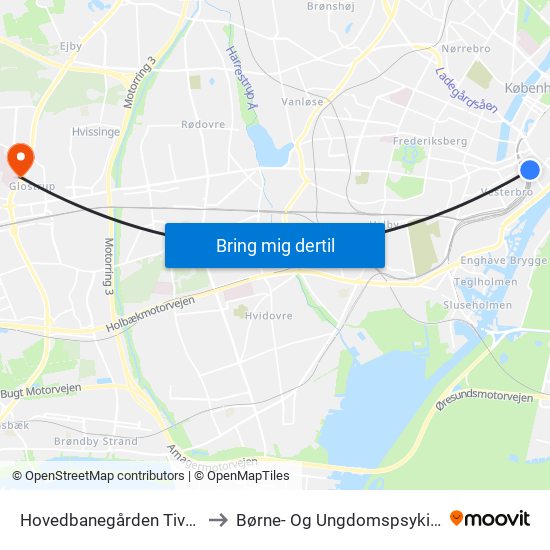 Hovedbanegården Tivoli (Bernstorffsgade) to Børne- Og Ungdomspsykiatrisk Center Afs. B203 map