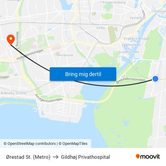 Ørestad St. (Metro) to Gildhøj Privathospital map