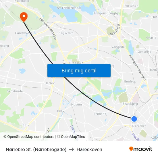 Nørrebro St. (Nørrebrogade) to Hareskoven map