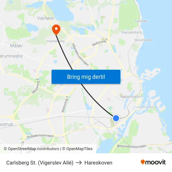 Carlsberg St. (Vigerslev Allé) to Hareskoven map