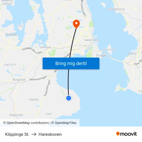 Klippinge St. to Hareskoven map