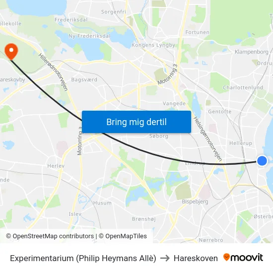 Experimentarium (Philip Heymans Allè) to Hareskoven map