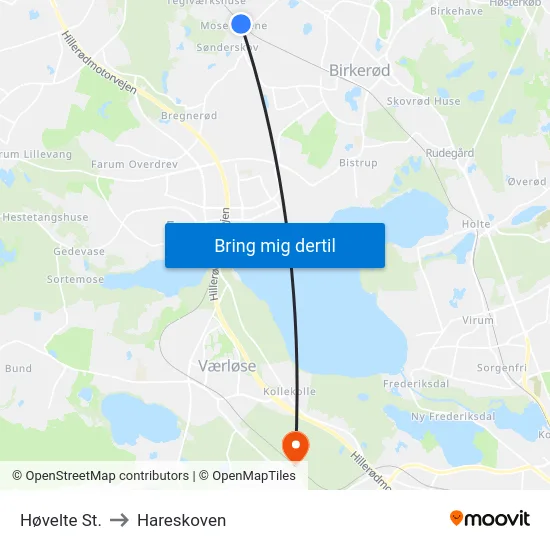 Høvelte St. to Hareskoven map