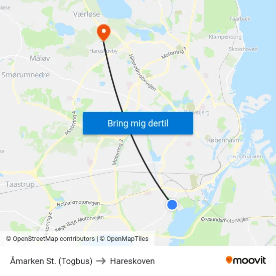 Åmarken St. (Togbus) to Hareskoven map