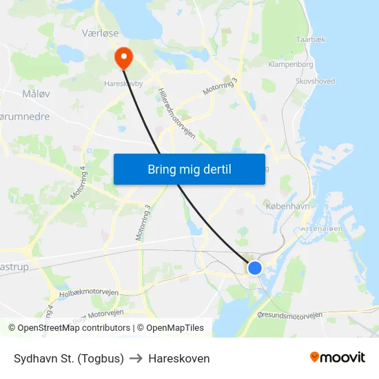 Sydhavn St. (Togbus) to Hareskoven map