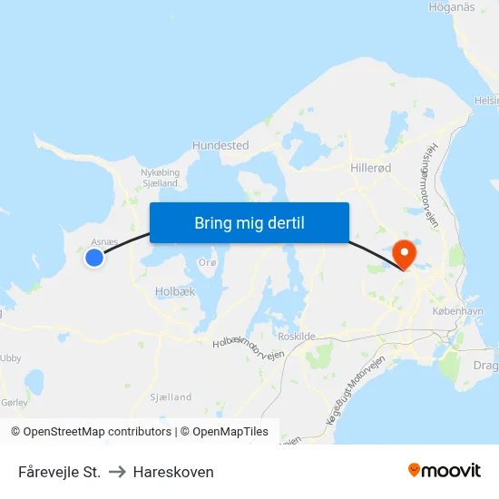 Fårevejle St. to Hareskoven map