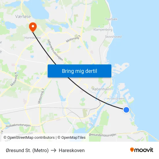 Øresund St. (Metro) to Hareskoven map