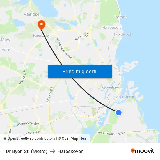 Dr Byen St. (Metro) to Hareskoven map