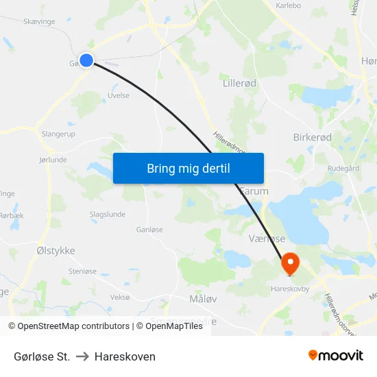 Gørløse St. to Hareskoven map