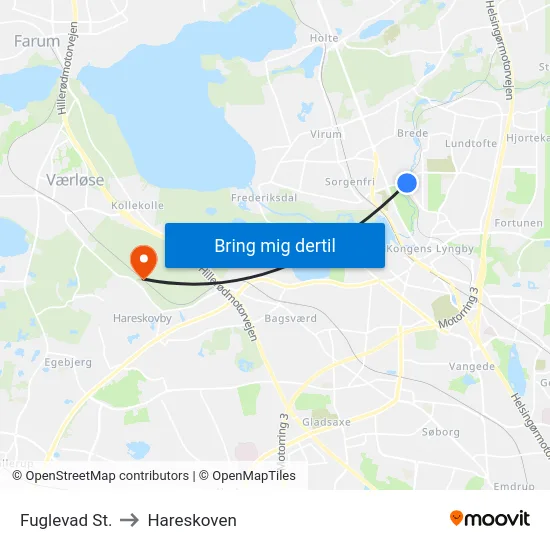 Fuglevad St. to Hareskoven map