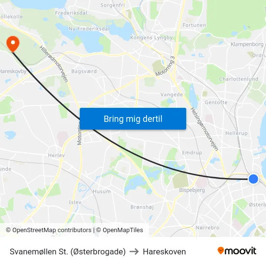 Svanemøllen St. (Østerbrogade) to Hareskoven map