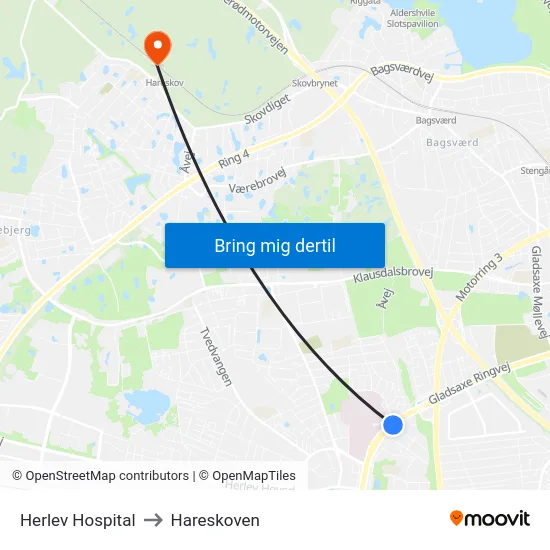 Herlev Hospital to Hareskoven map