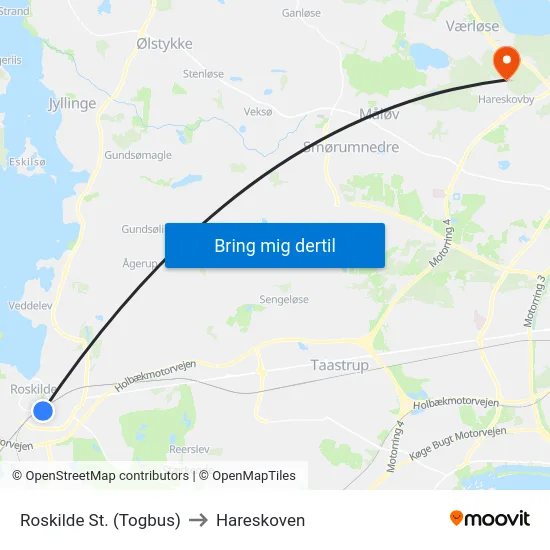 Roskilde St. (Togbus) to Hareskoven map