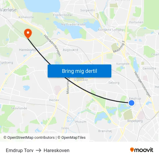 Emdrup Torv to Hareskoven map