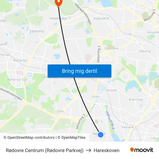 Rødovre Centrum (Rødovre Parkvej) to Hareskoven map