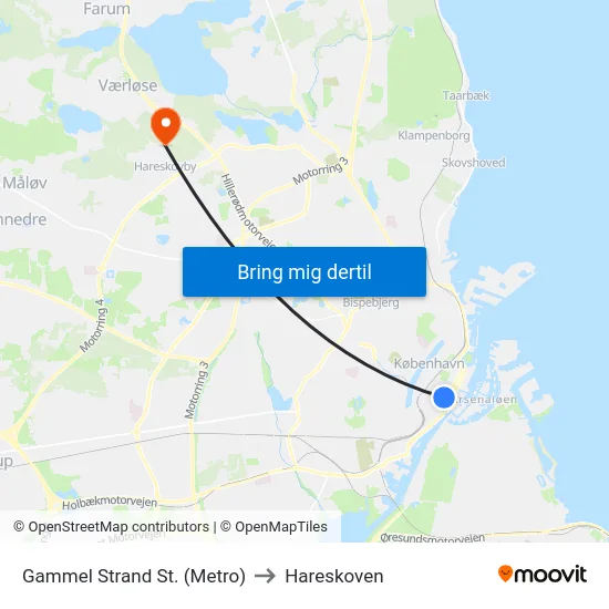 Gammel Strand St. (Metro) to Hareskoven map