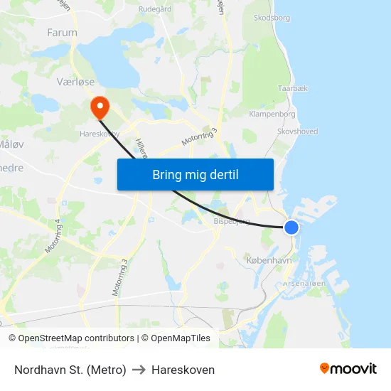 Nordhavn St. (Metro) to Hareskoven map