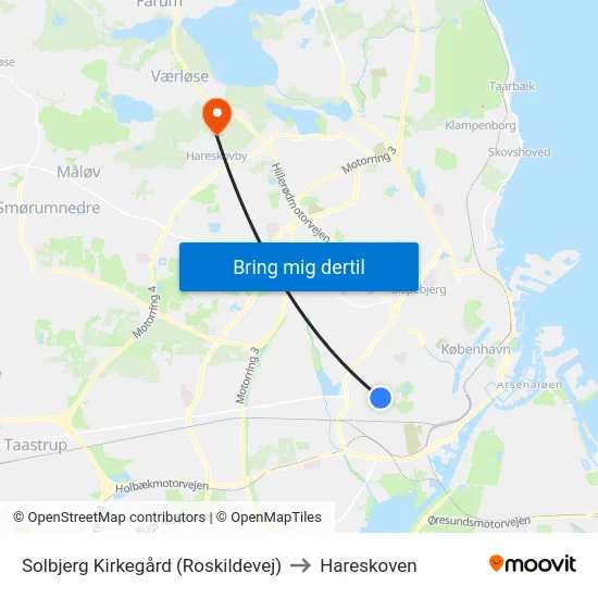 Solbjerg Kirkegård (Roskildevej) to Hareskoven map