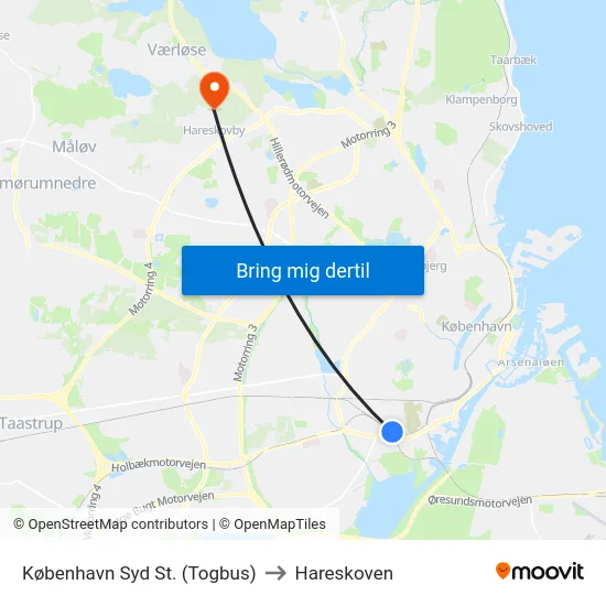 København Syd St. (Togbus) to Hareskoven map