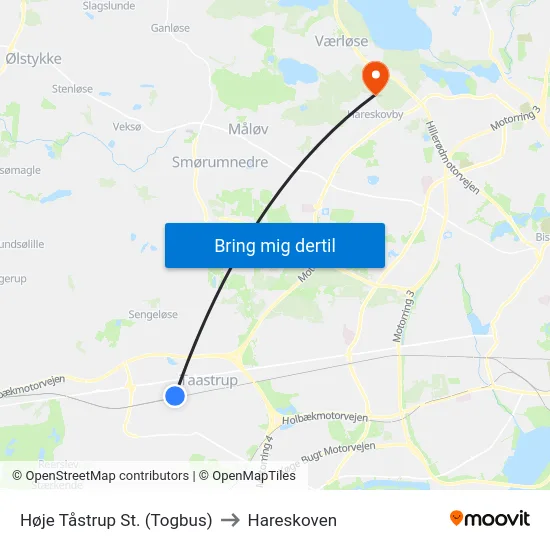 Høje Tåstrup St. (Togbus) to Hareskoven map