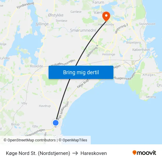 Køge Nord St. (Nordstjernen) to Hareskoven map