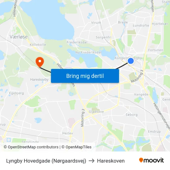 Lyngby Hovedgade (Nørgaardsvej) to Hareskoven map