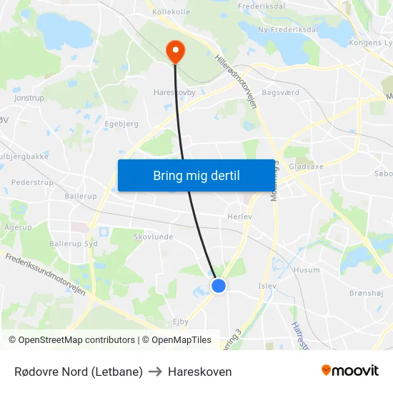 Rødovre Nord (Letbane) to Hareskoven map