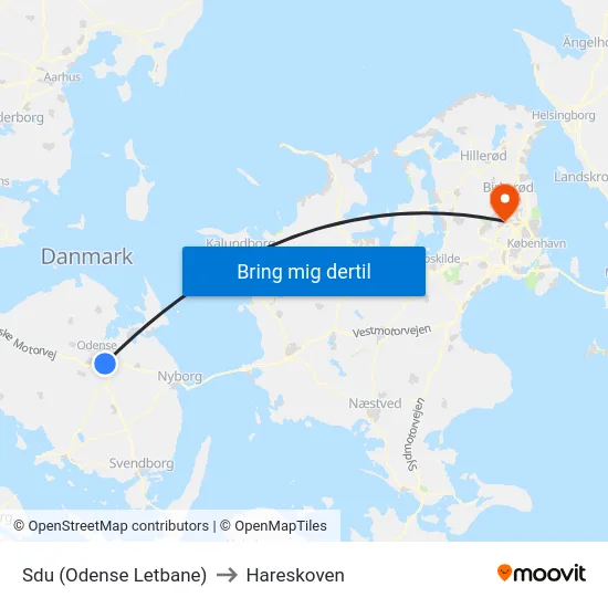 Sdu (Odense Letbane) to Hareskoven map