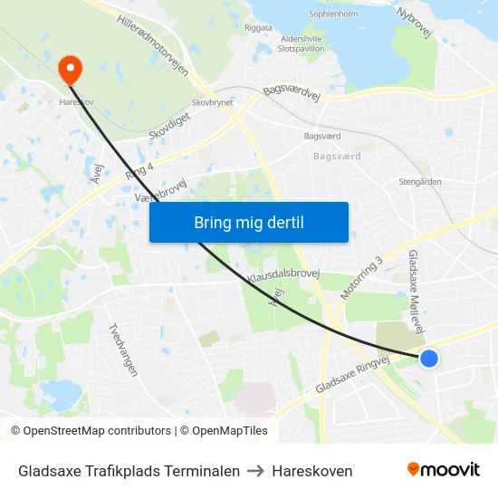 Gladsaxe Trafikplads Terminalen to Hareskoven map
