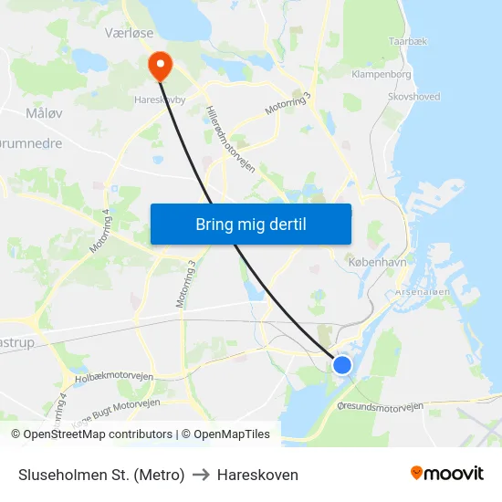 Sluseholmen St. (Metro) to Hareskoven map