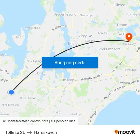Tølløse St. to Hareskoven map