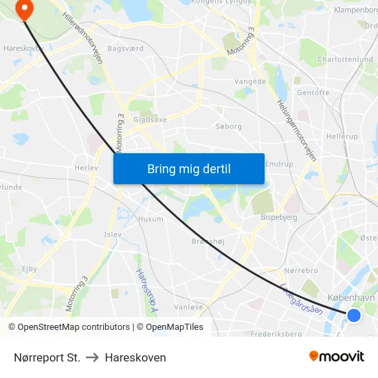 Nørreport St. to Hareskoven map