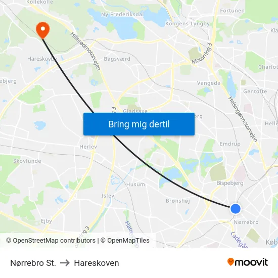 Nørrebro St. to Hareskoven map