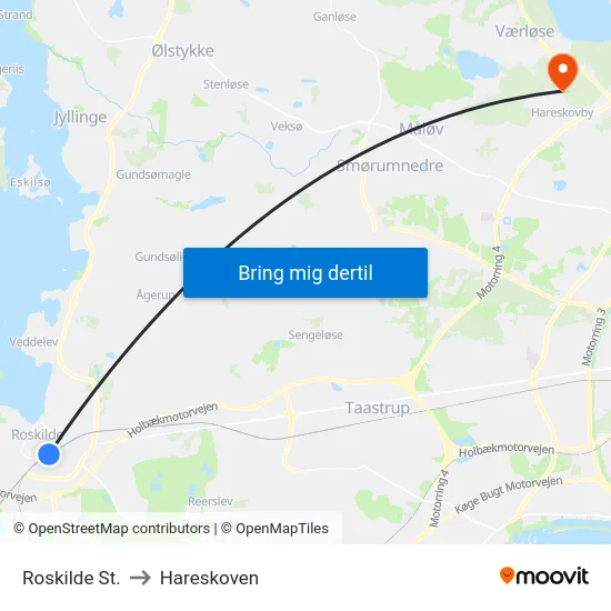 Roskilde St. to Hareskoven map