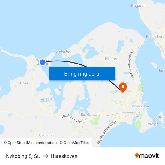Nykøbing Sj St. to Hareskoven map